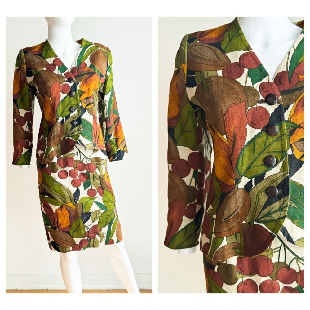 Vintage Guy Laroche Botanical Print Linen Blend Skirt Suit S